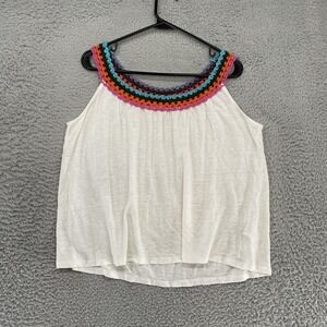 Boden Crochet Neck Tanktop Womens 8 White Linen Sleeveless Boho Tank Top Rainbow
